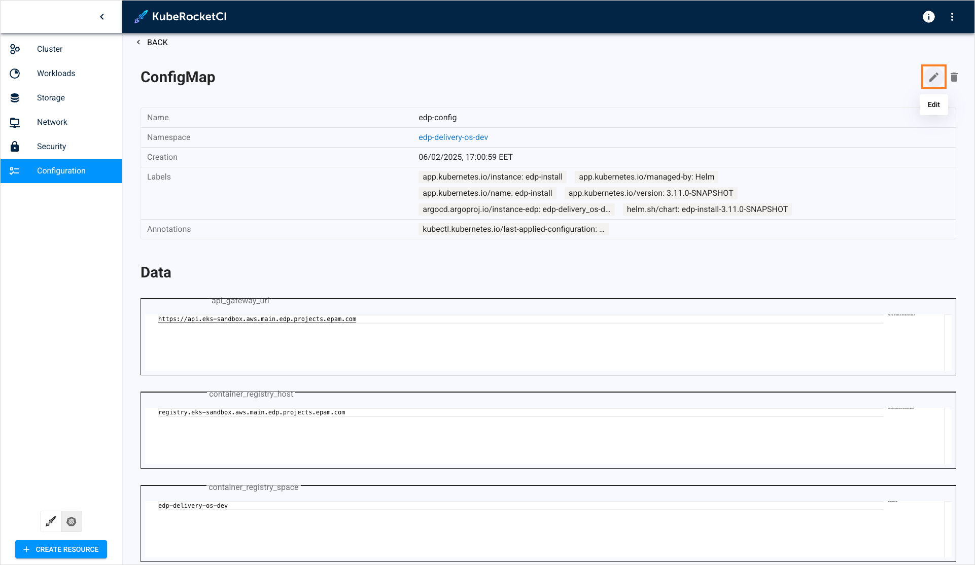 Edit config map