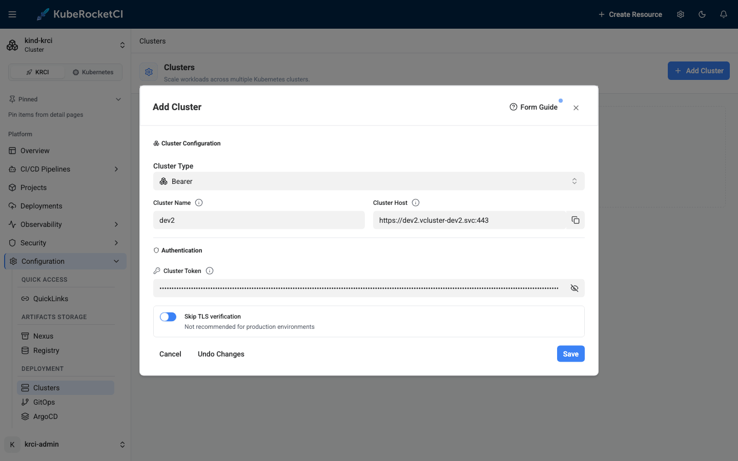 The whole registration: name, endpoint, token KubeRocketCI Portal Add Cluster form filled with the vcluster name dev2, in-cluster HTTPS endpoint and bearer token, Skip TLS verification enabled