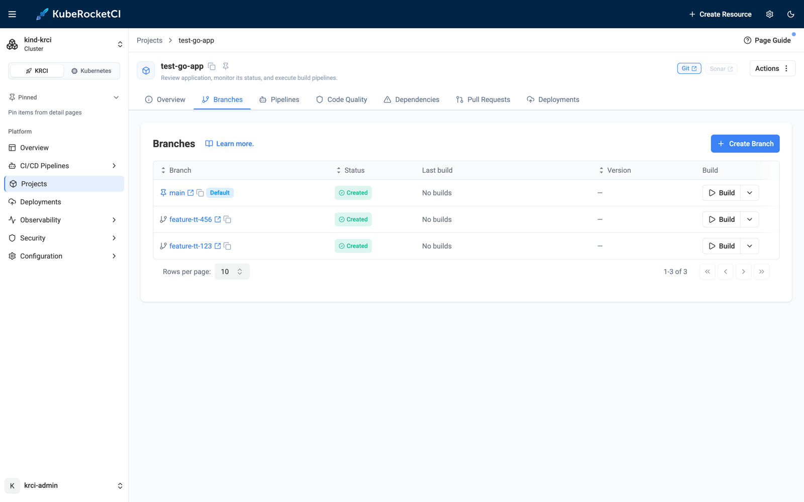 Both feature branches created and healthy KubeRocketCI Portal branch list for test-go-app showing main, feature-tt-456 and feature-tt-123, all healthy