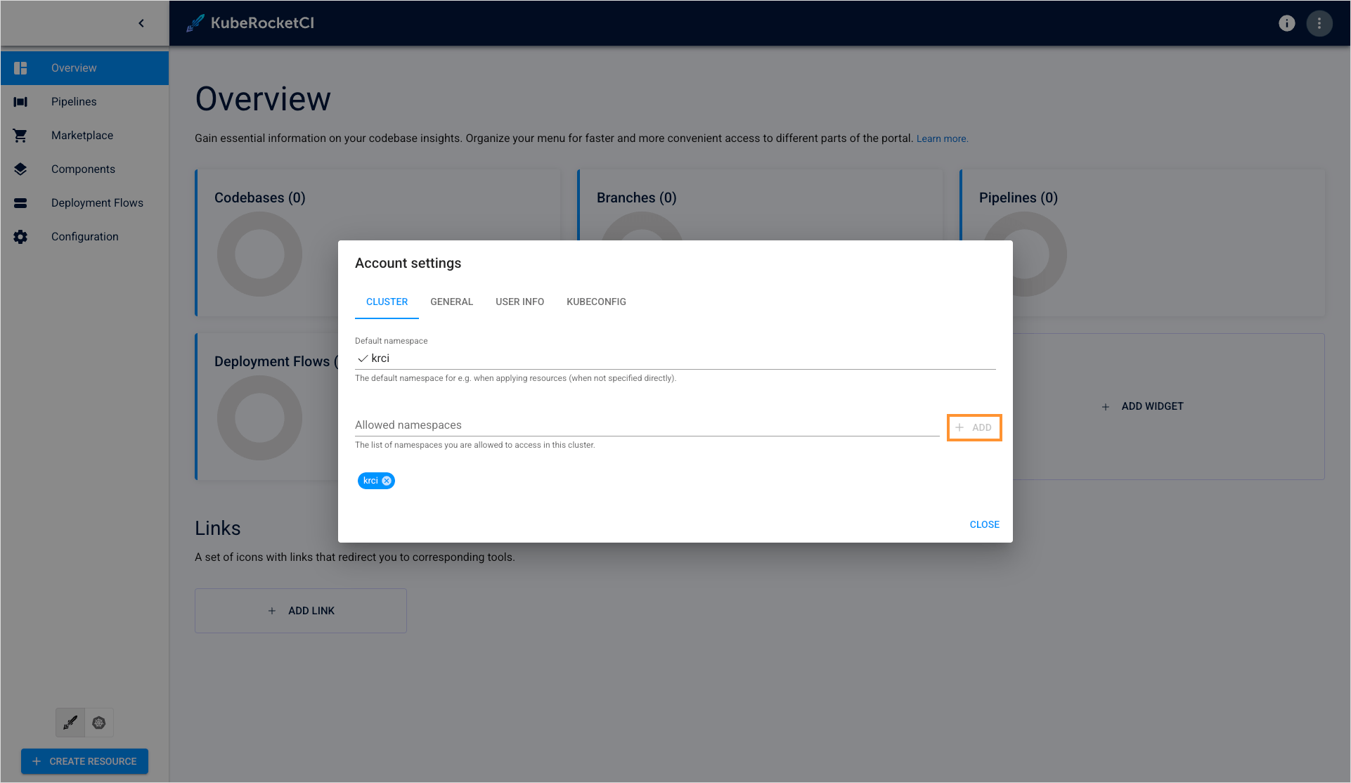 Cluster Settings menu Cluster Settings menu