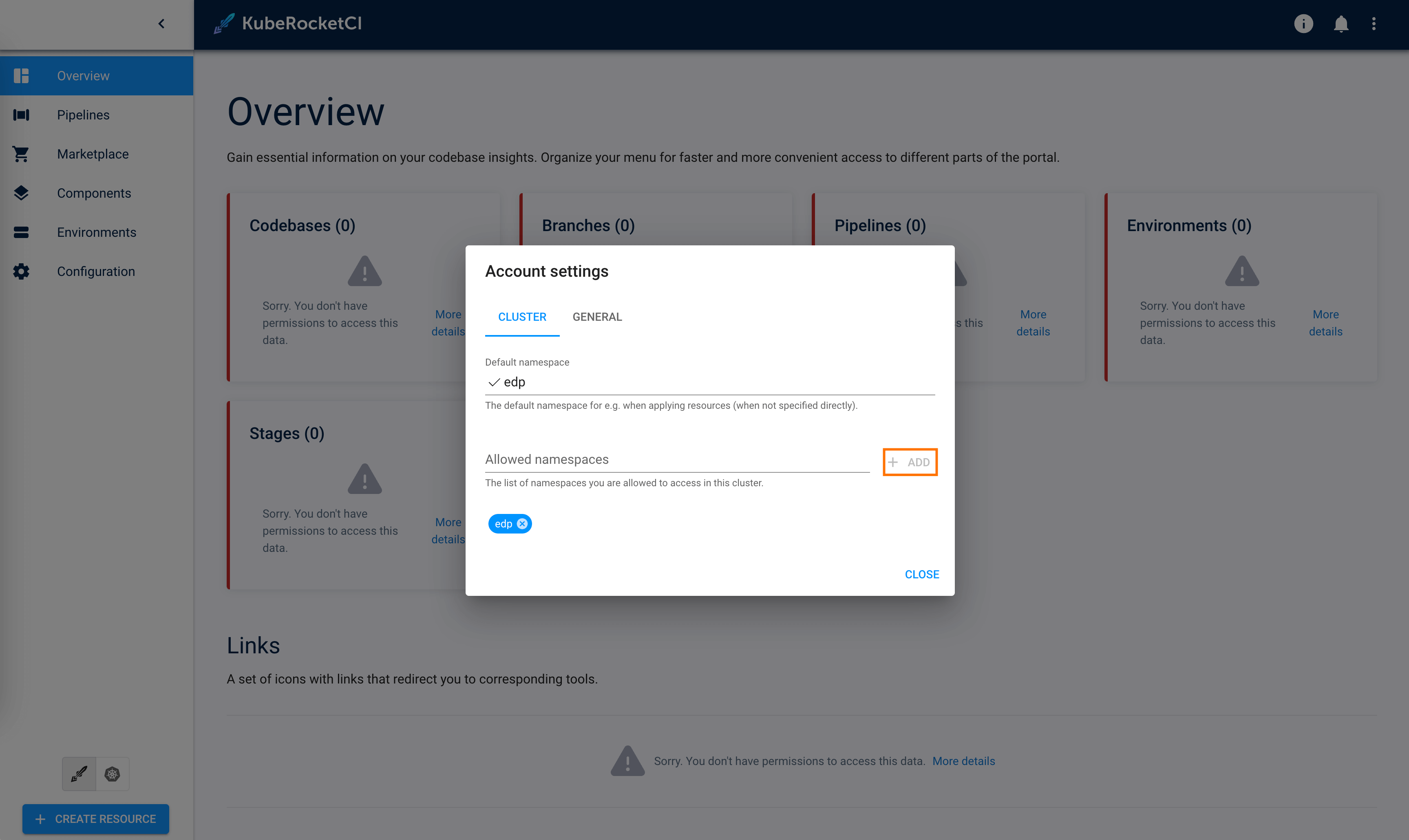 Cluster Settings menu