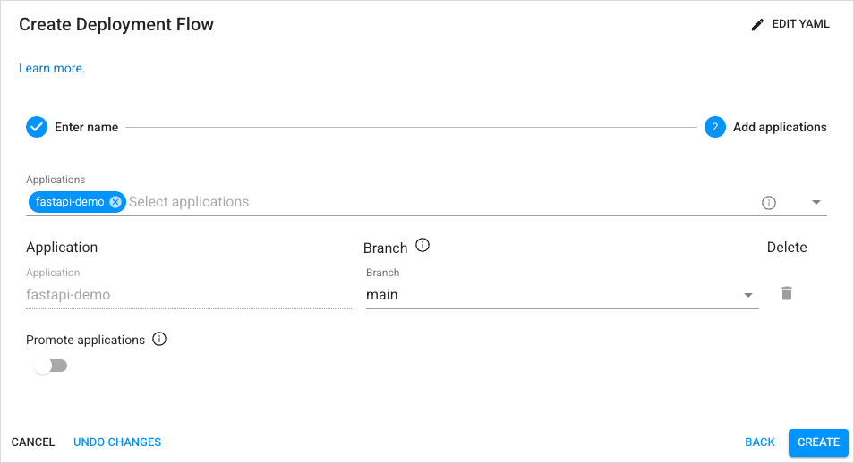 Deployment flow tab with parameters