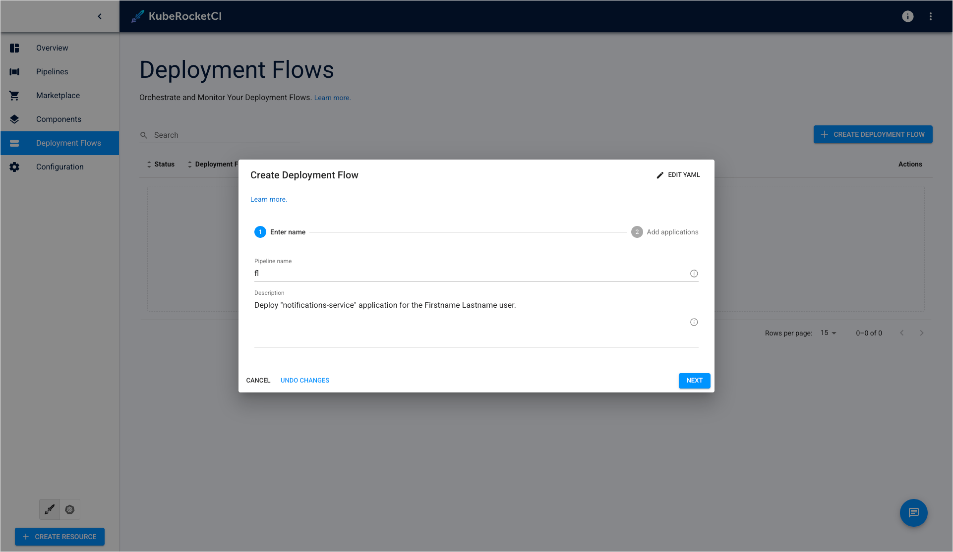 Create deployment flow button