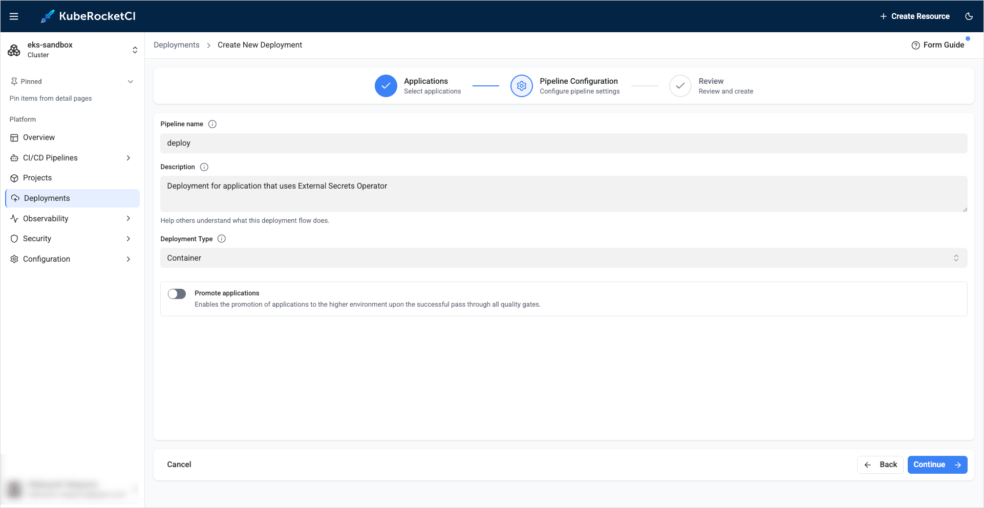 Pipeline configurations tab Pipeline configurations tab
