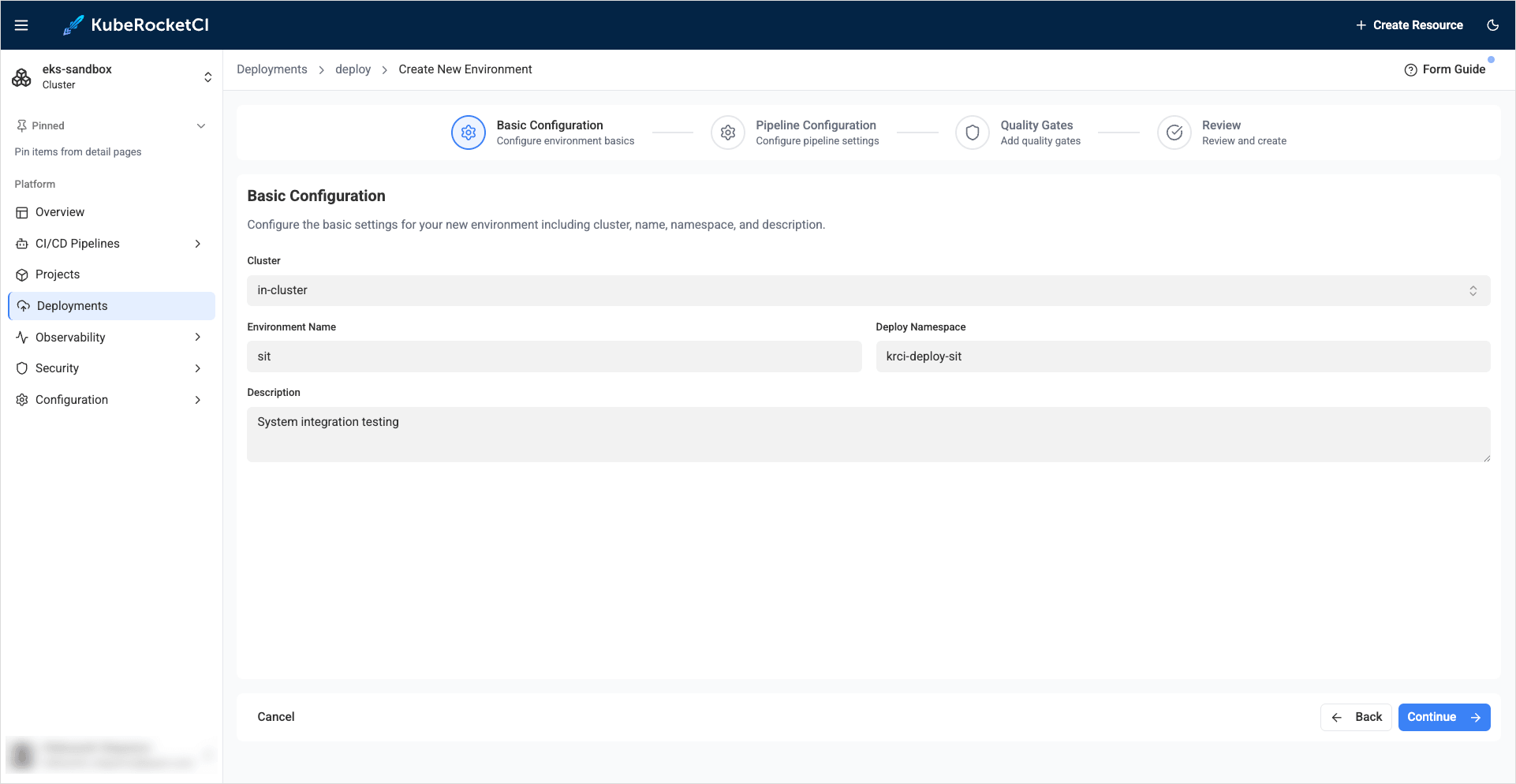 Pipeline tab with parameters Pipeline tab