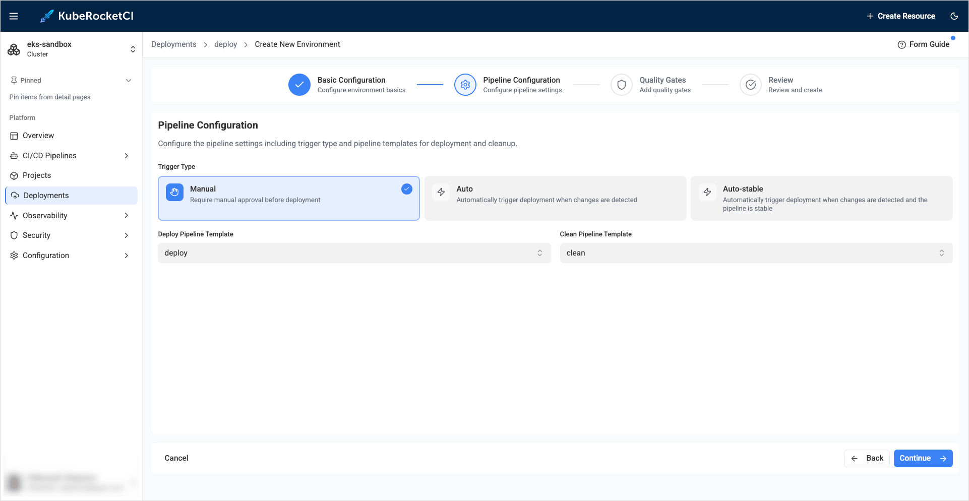 Pipeline tab with parameters Pipeline tab