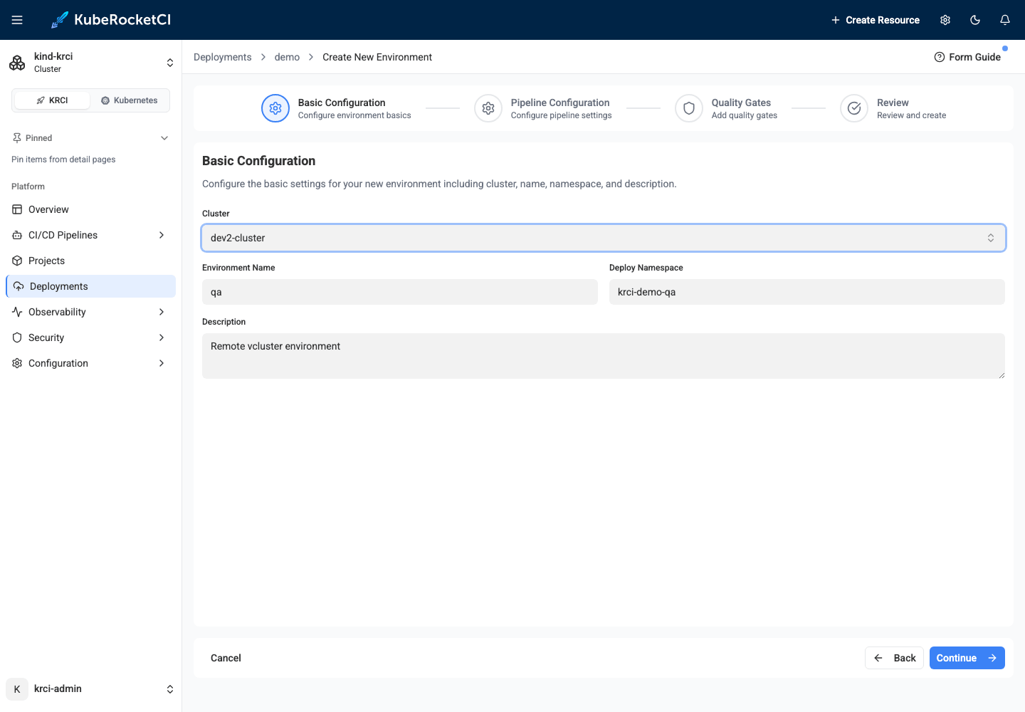 Same wizard, different cluster: environment qa targets the vcluster KubeRocketCI Portal Create Environment wizard with the dev2-cluster virtual cluster selected and the deploy namespace prefilled
