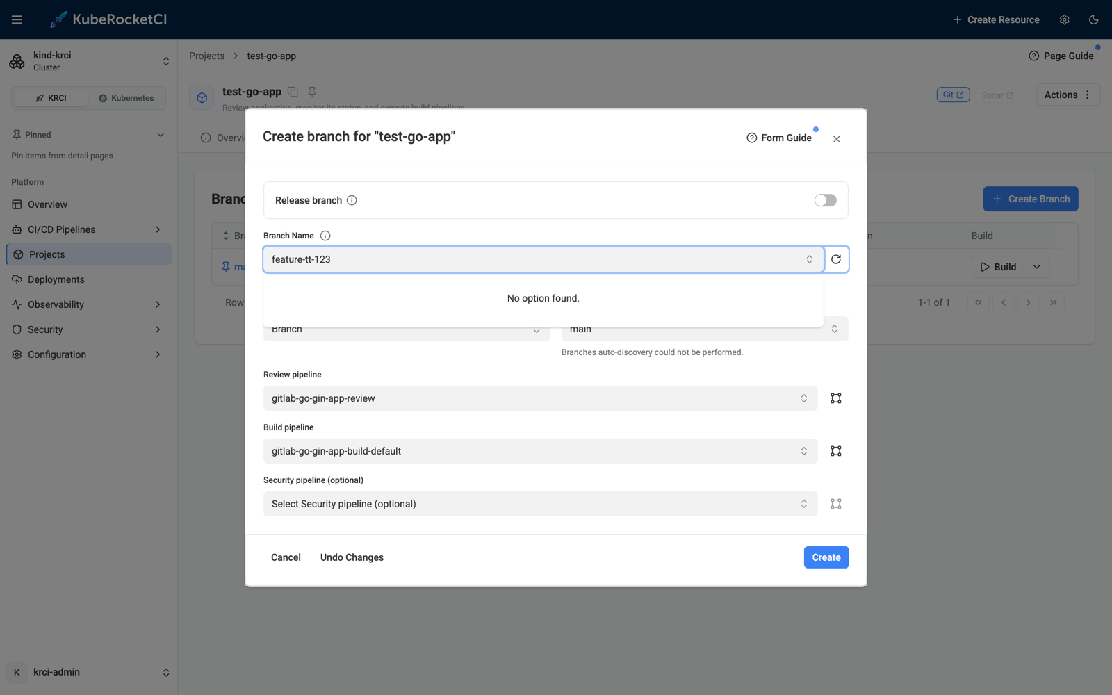 Creating a feature branch in the KubeRocketCI Portal KubeRocketCI Portal Create Branch dialog for test-go-app, creating feature-tt-123 from main