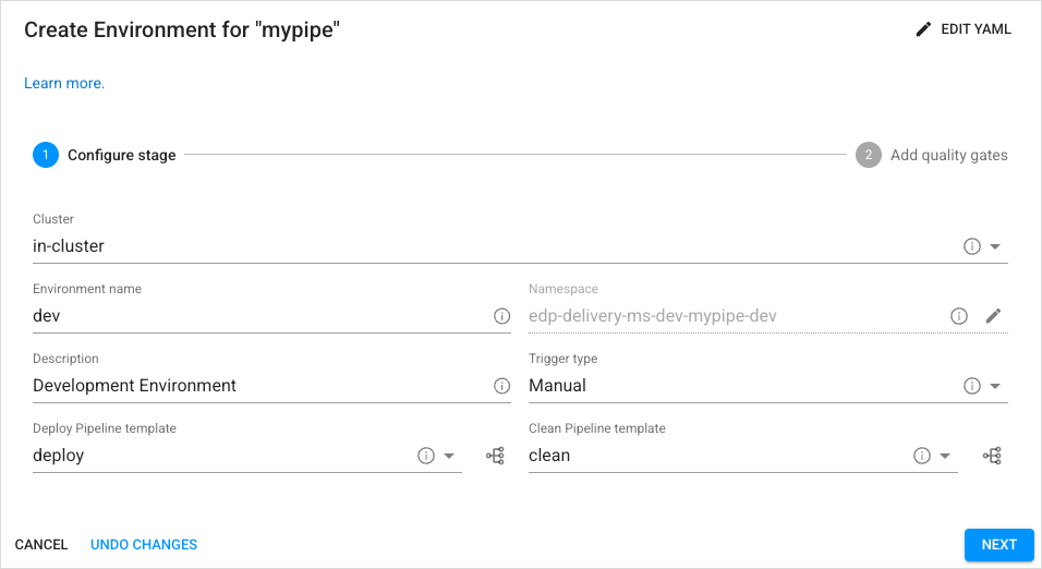 Environment tab with parameters