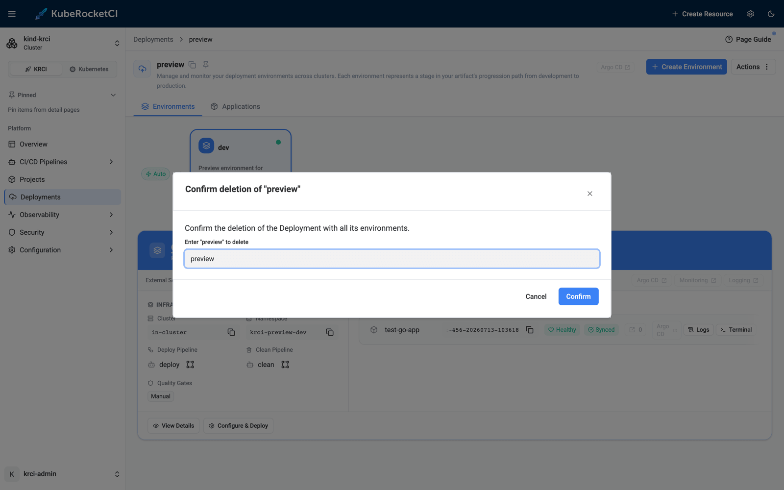 Deleting the preview deployment releases the stale branch KubeRocketCI confirm deletion dialog for the preview deployment, requiring the deployment name to be typed