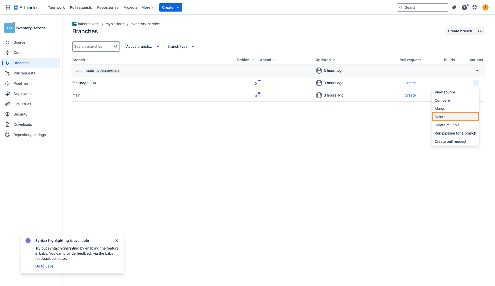 Delete branch in Bitbucket