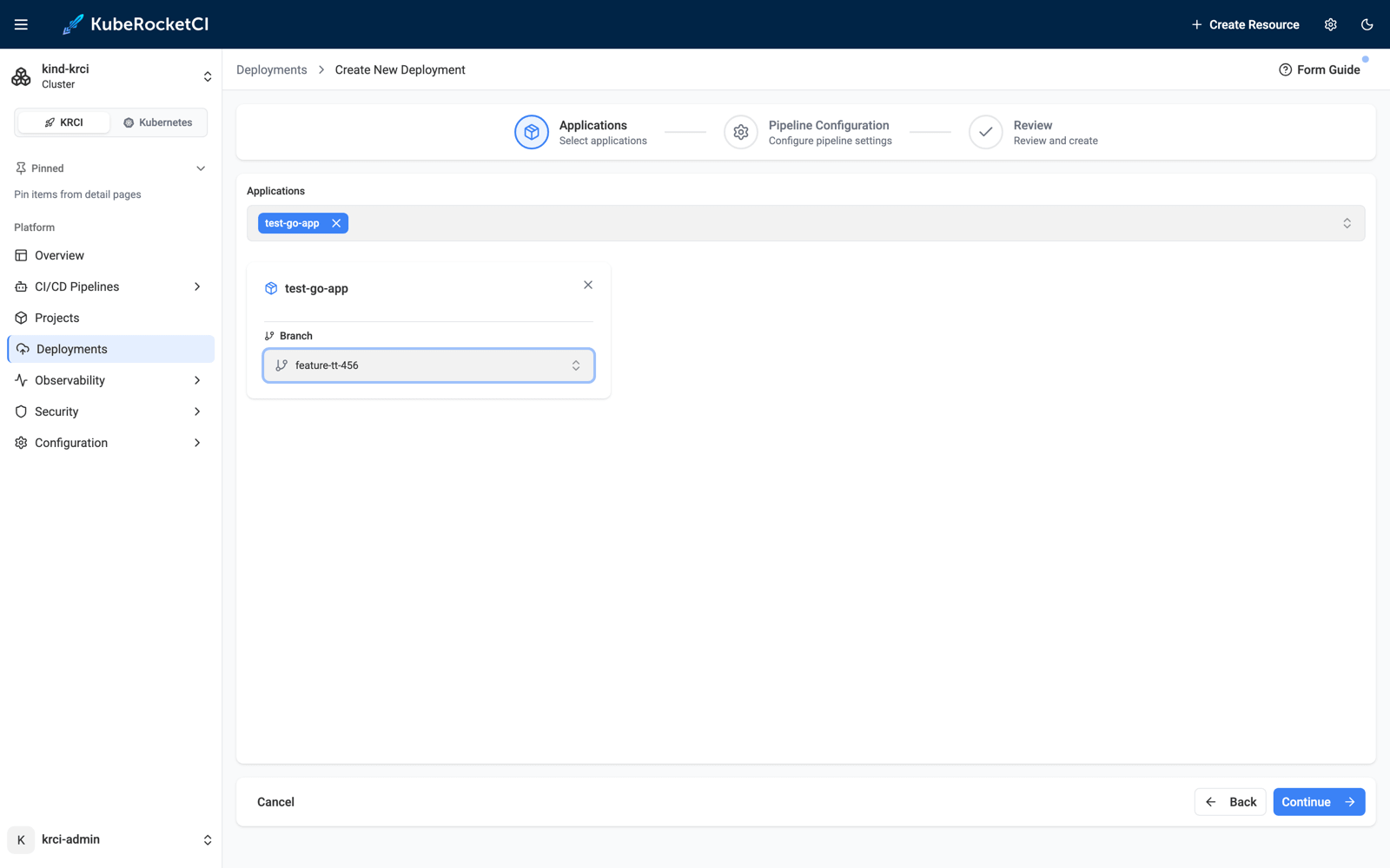 Selecting the feature branch as the deployment input KubeRocketCI deployment wizard with the test-go-app application selected and branch feature-tt-456 chosen as the deployment input