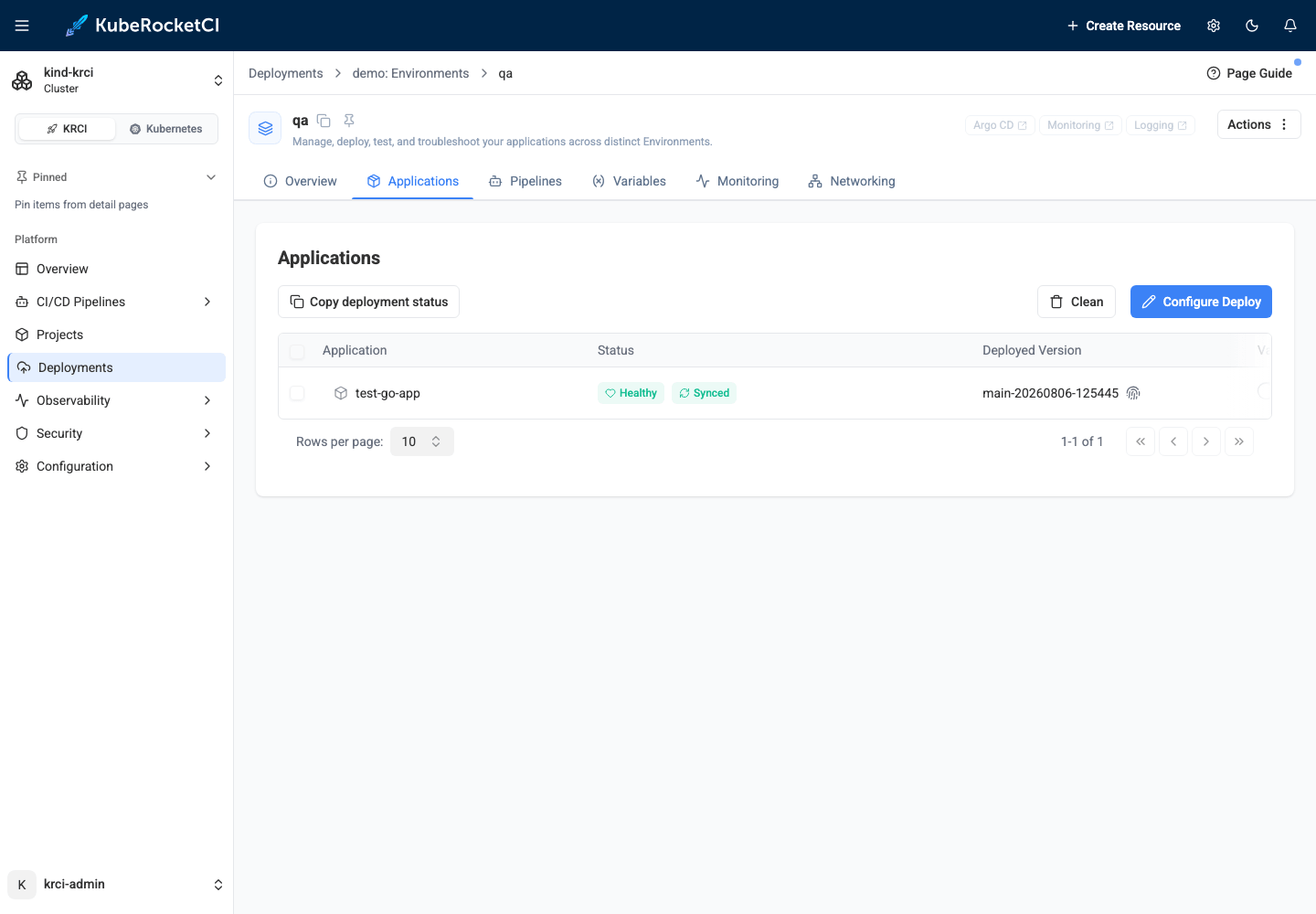 Deployed, synced, healthy - and fully isolated KubeRocketCI Portal environment Applications tab showing the test-go-app application deployed and healthy on the vcluster