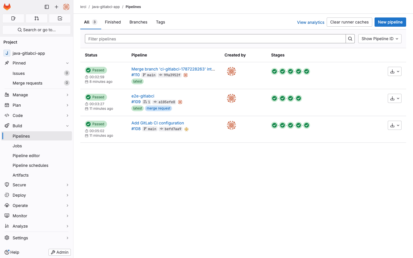 GitLab pipelines for a KubeRocketCI codebase: the operator-injected configuration commit, the merge request review pipeline, and the build pipeline — all green