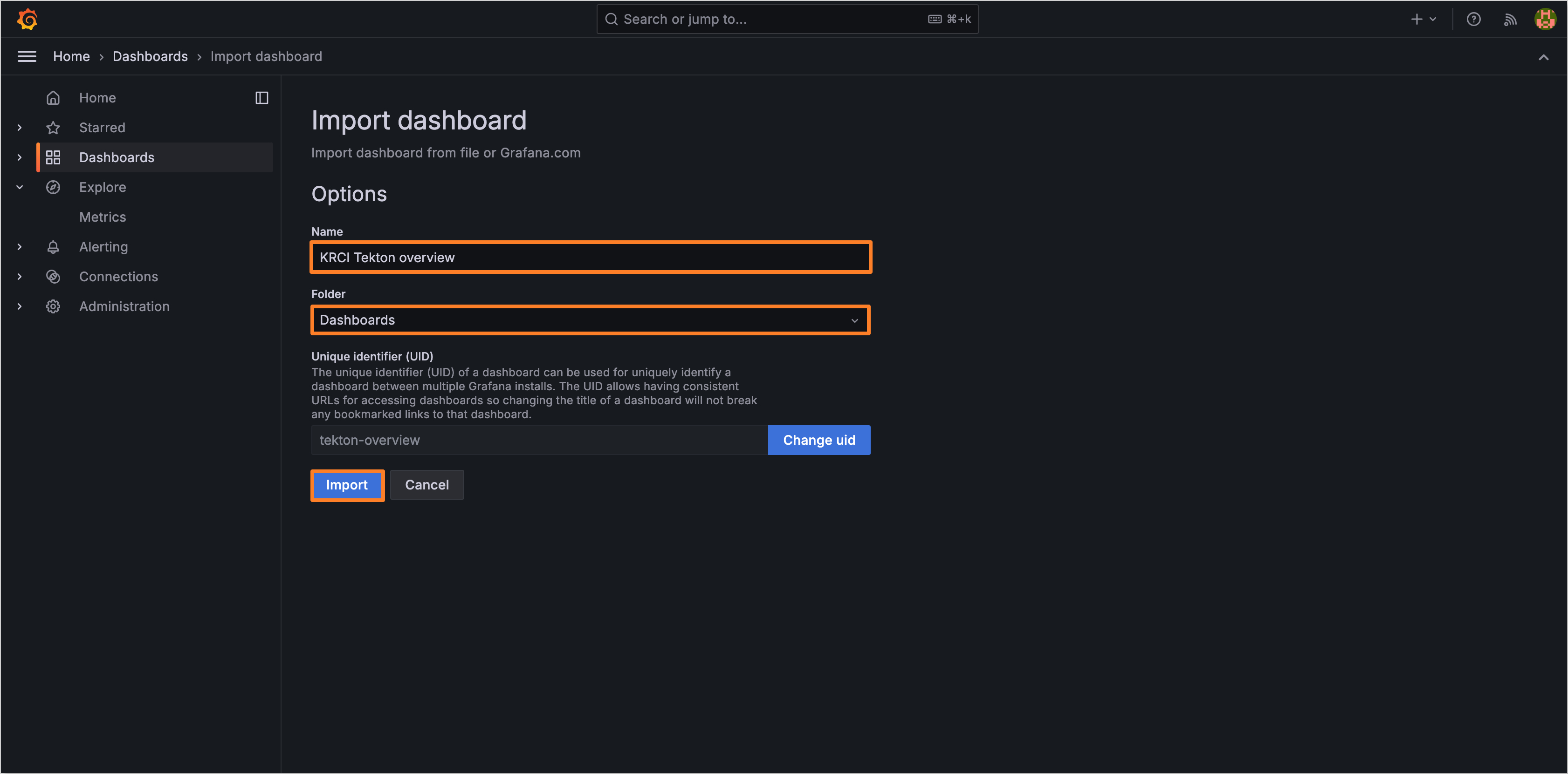 Import dashboard grafana options