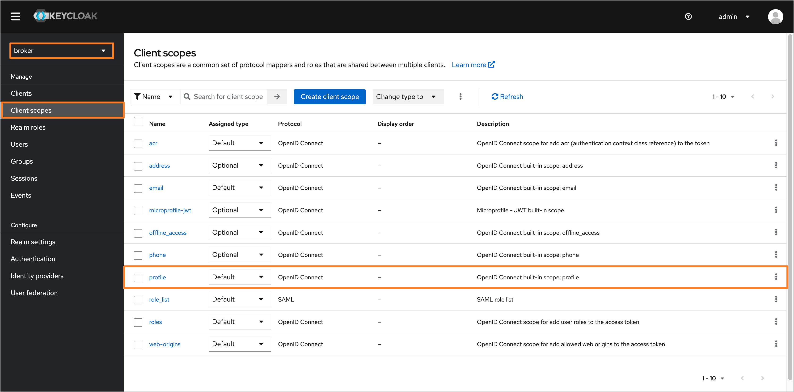 Keycloak profile scope