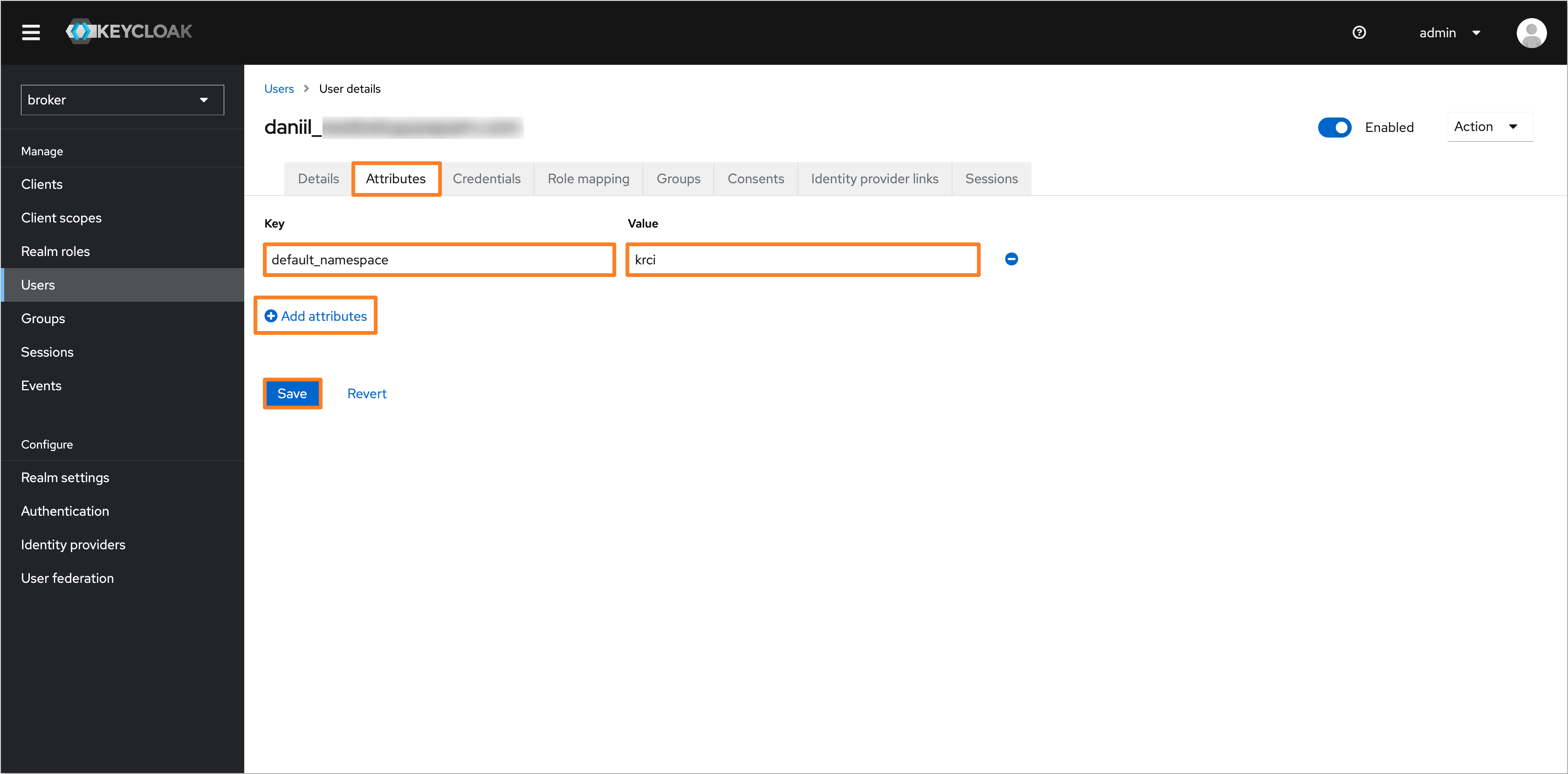 Keycloak user default namespace