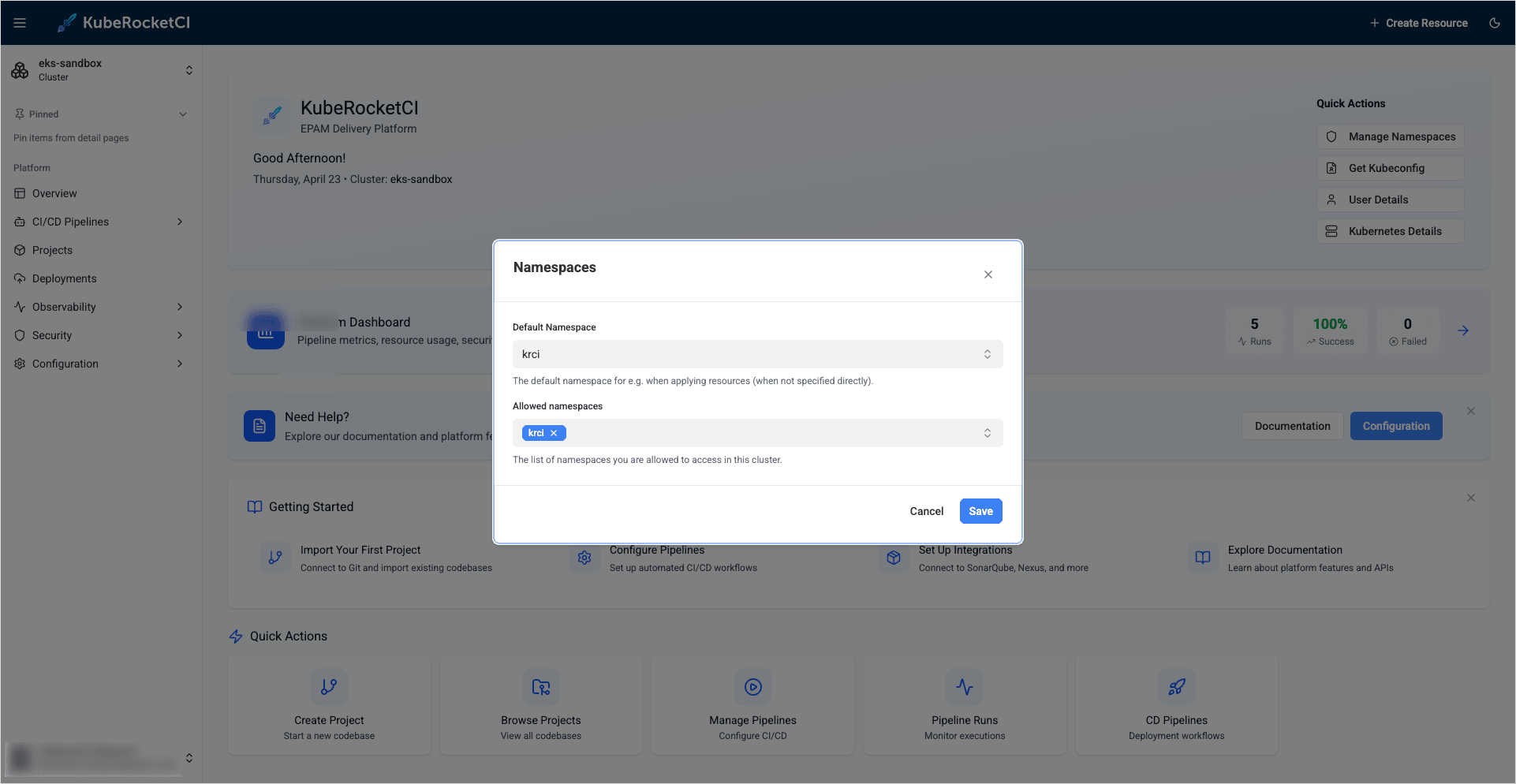 Portal namespace settings