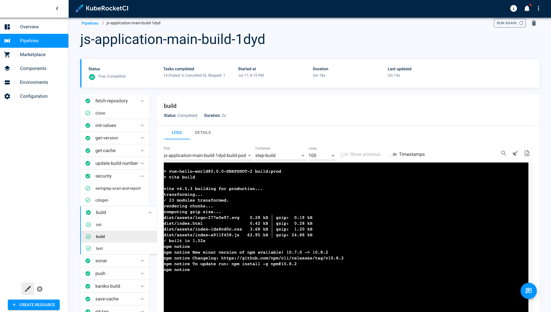 KubeRocketCI pipeline run