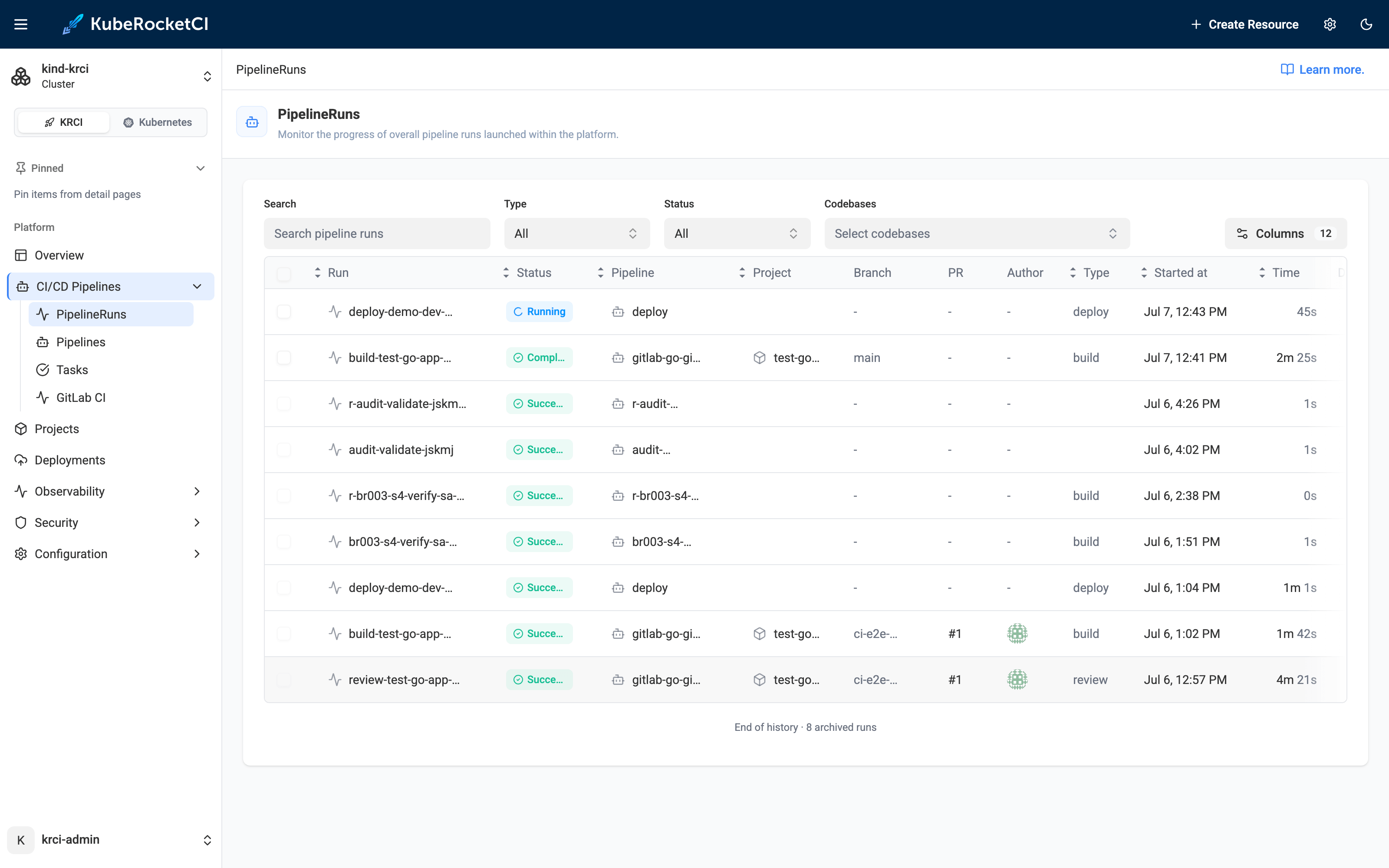 PipelineRuns list PipelineRuns list