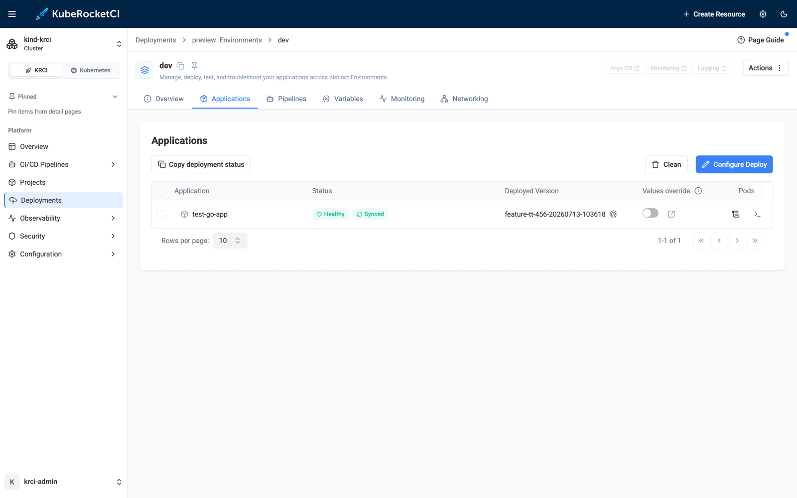 The preview environment running the feature branch image KubeRocketCI environment applications view showing test-go-app Healthy and Synced with deployed version feature-tt-456-20260713-103618