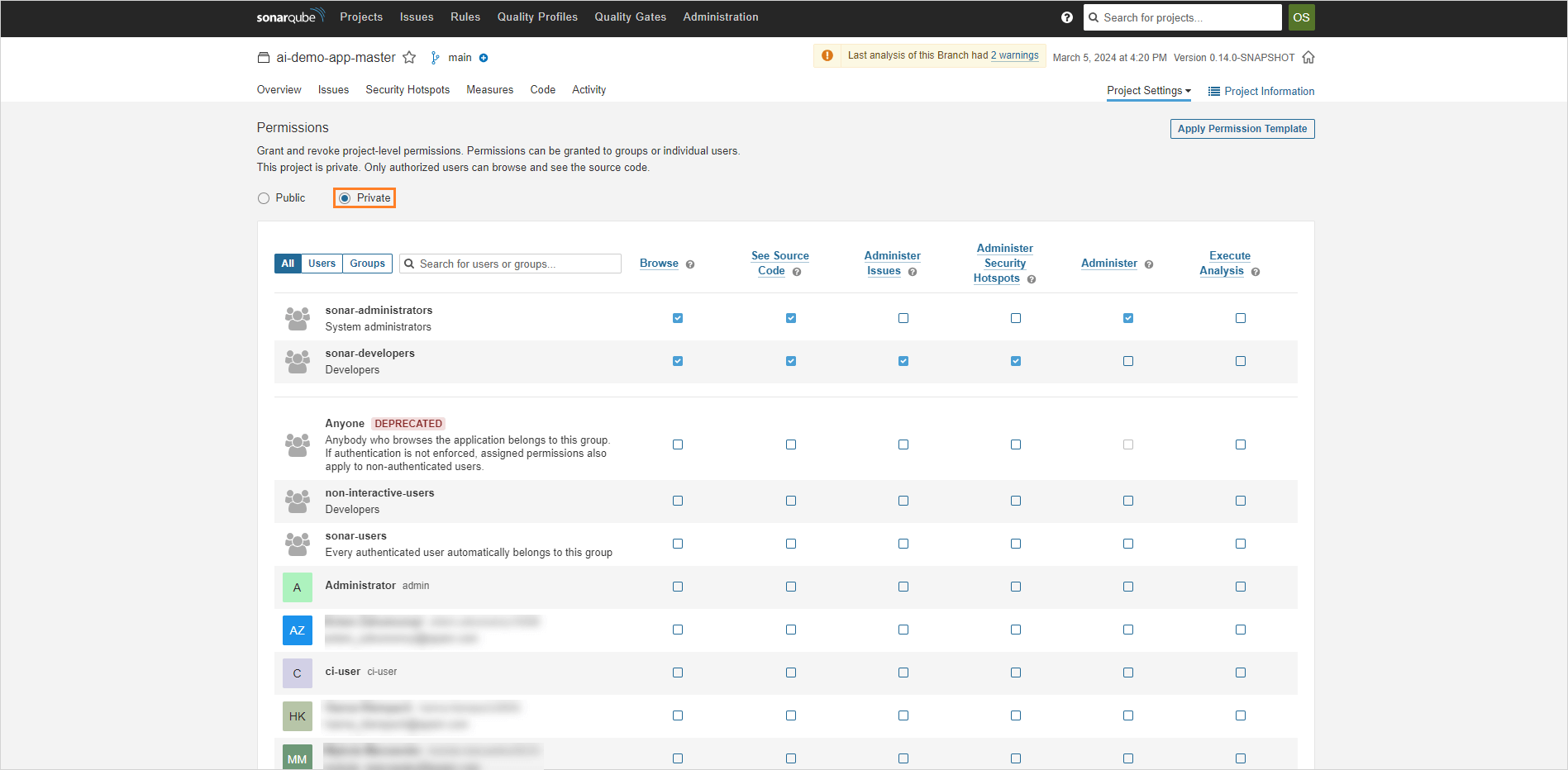 SonarQube user settings