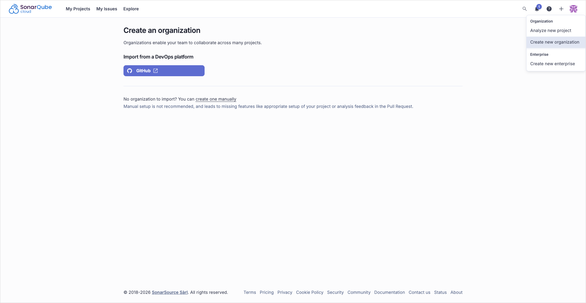 Create organization (current UI)