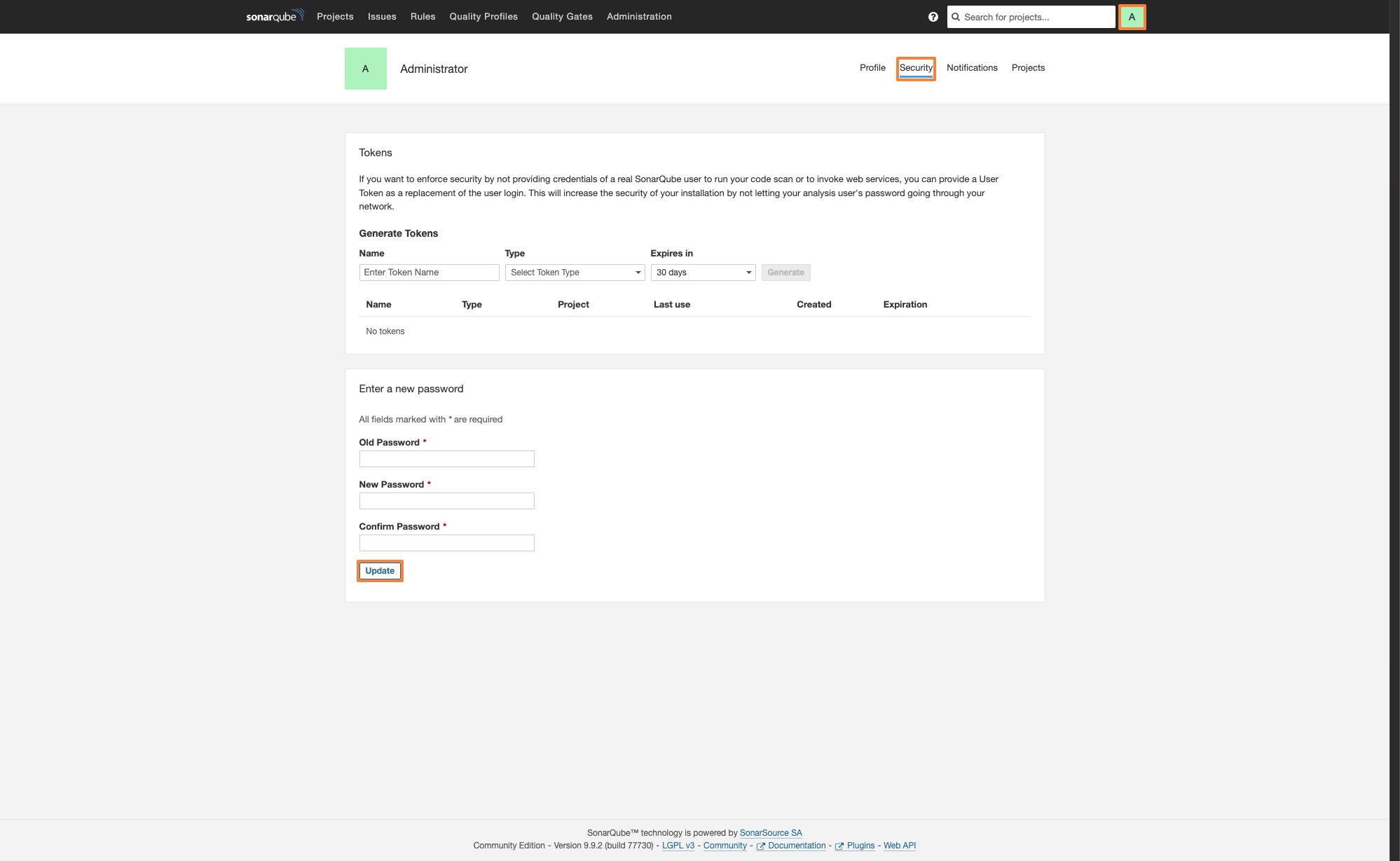 sonarqube change password