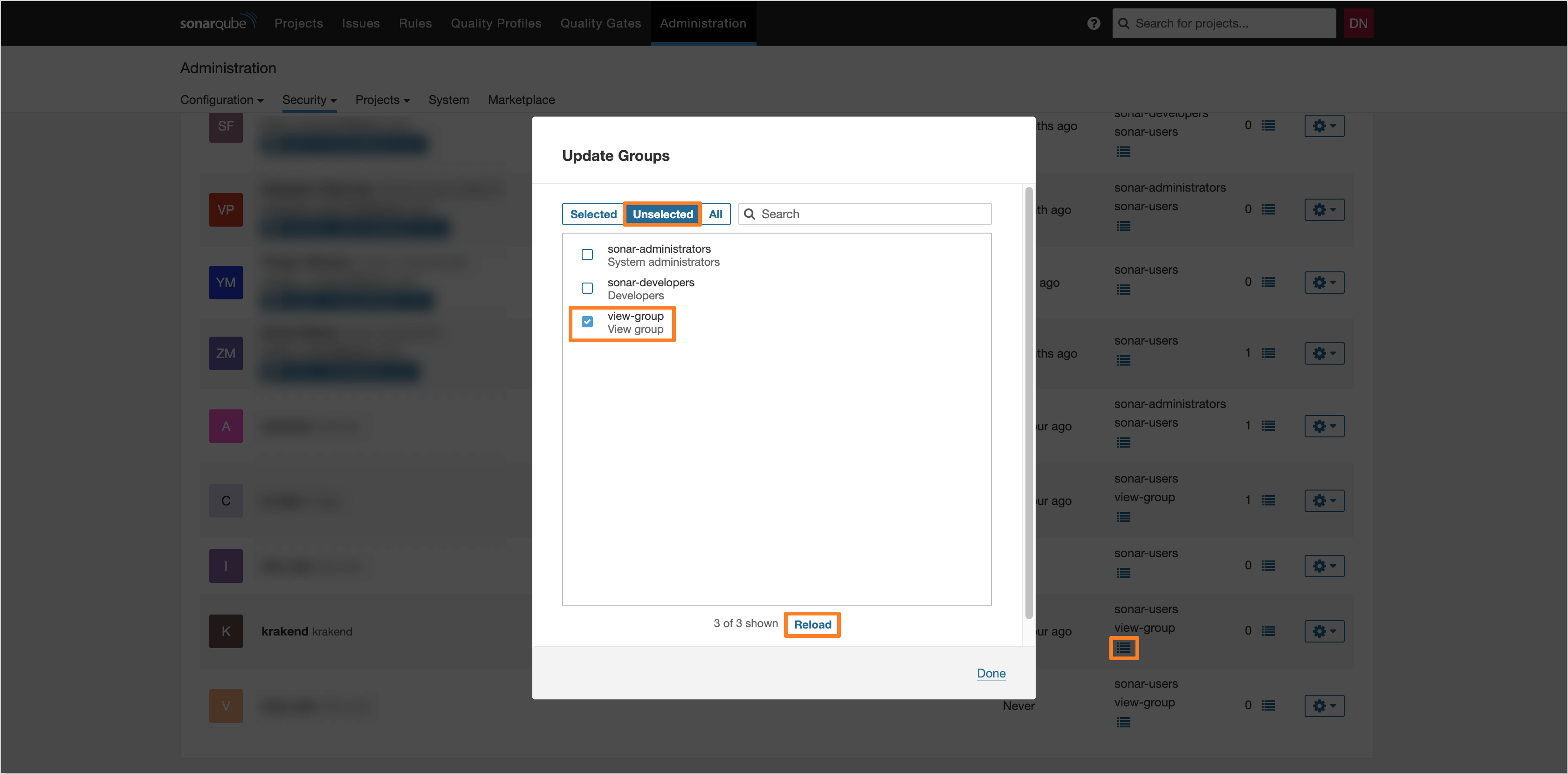 SonarQube Update Groups