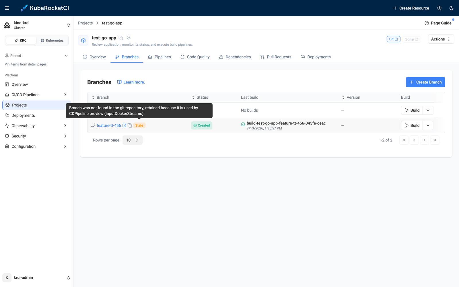 A retained stale branch names the deployment that references it KubeRocketCI Portal stale badge tooltip stating the branch was not found in the git repository and is retained because it is used by CDPipeline preview