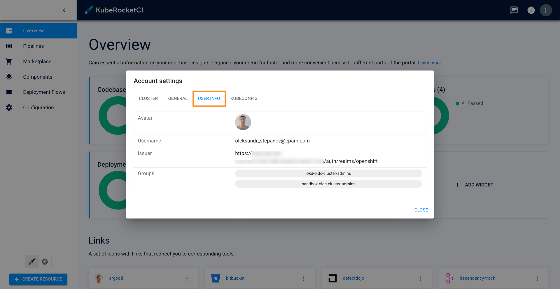 User info tab