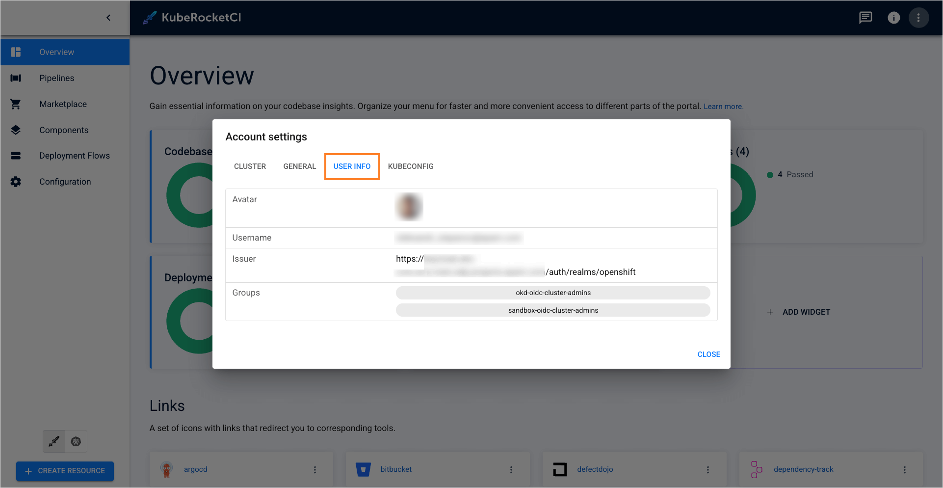 User info tab User info tab